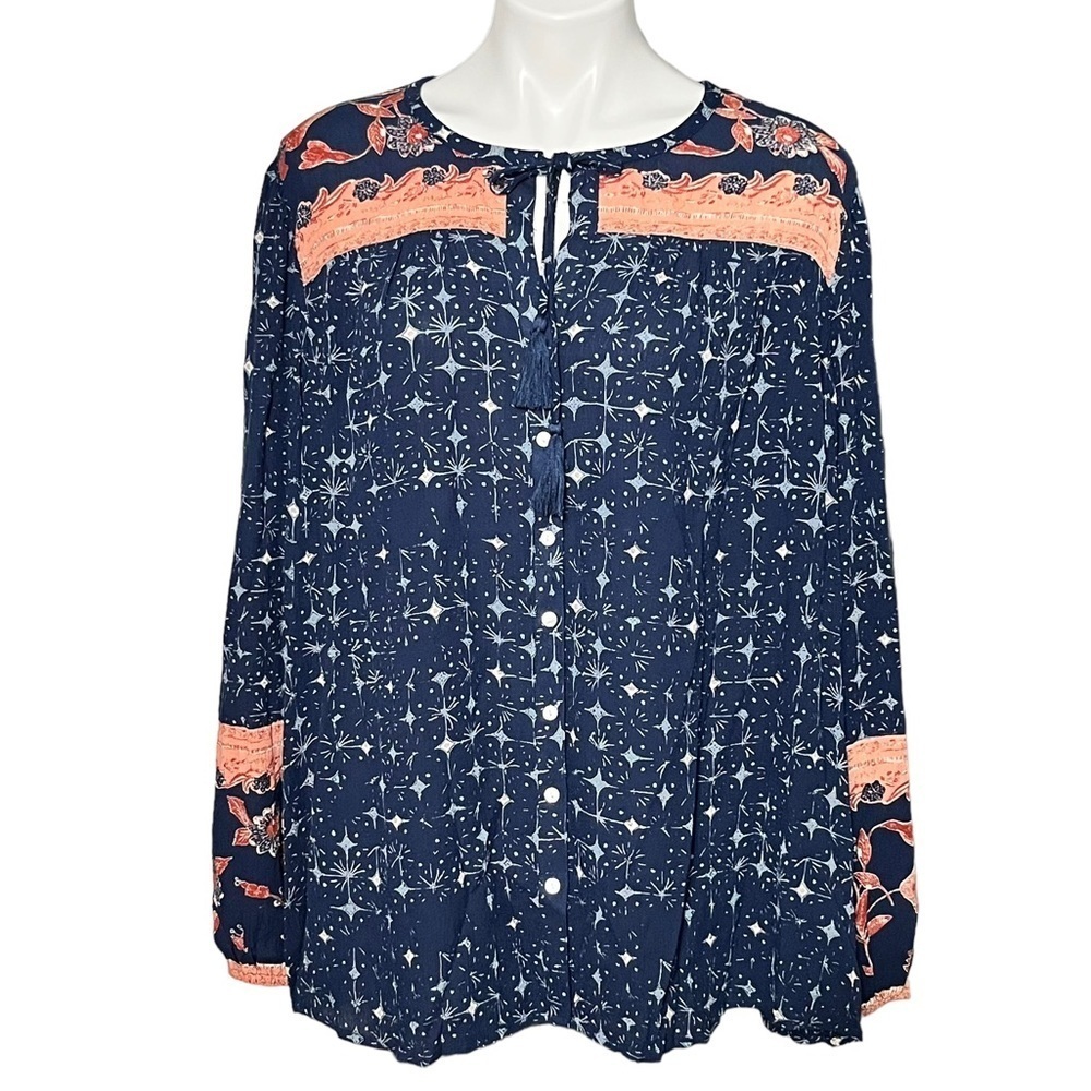 Wonderly Button Front Boho Peasant Top Size 2X Navy/Rust